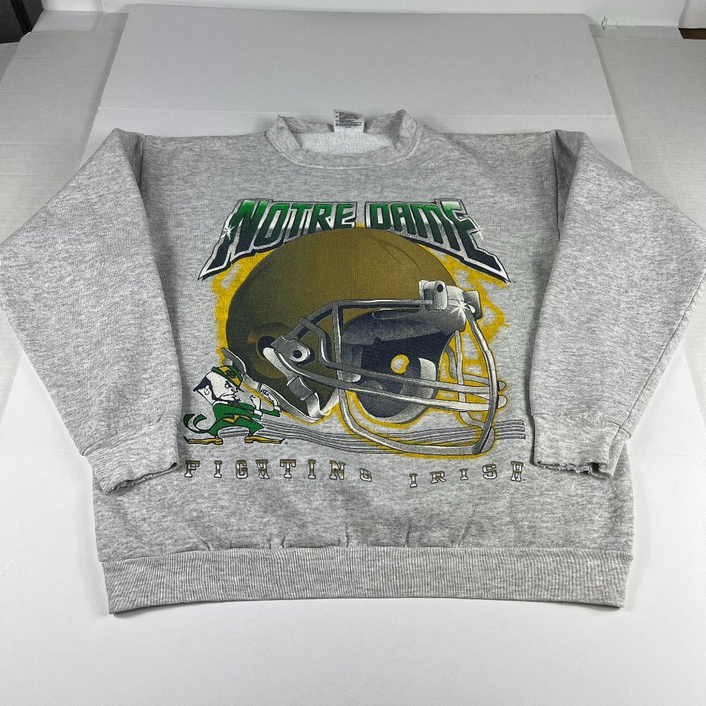 VTG TNT Notre Dame Fightin Irish Sweatshirt Large Grey Helmet Thrashed Crewneck